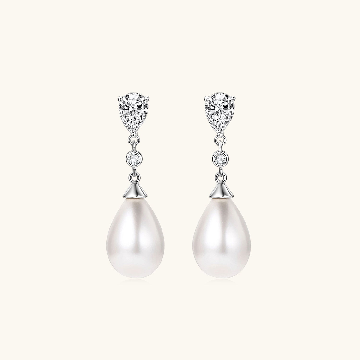 Pear Diamond Pearl Drop Earrings - Silver