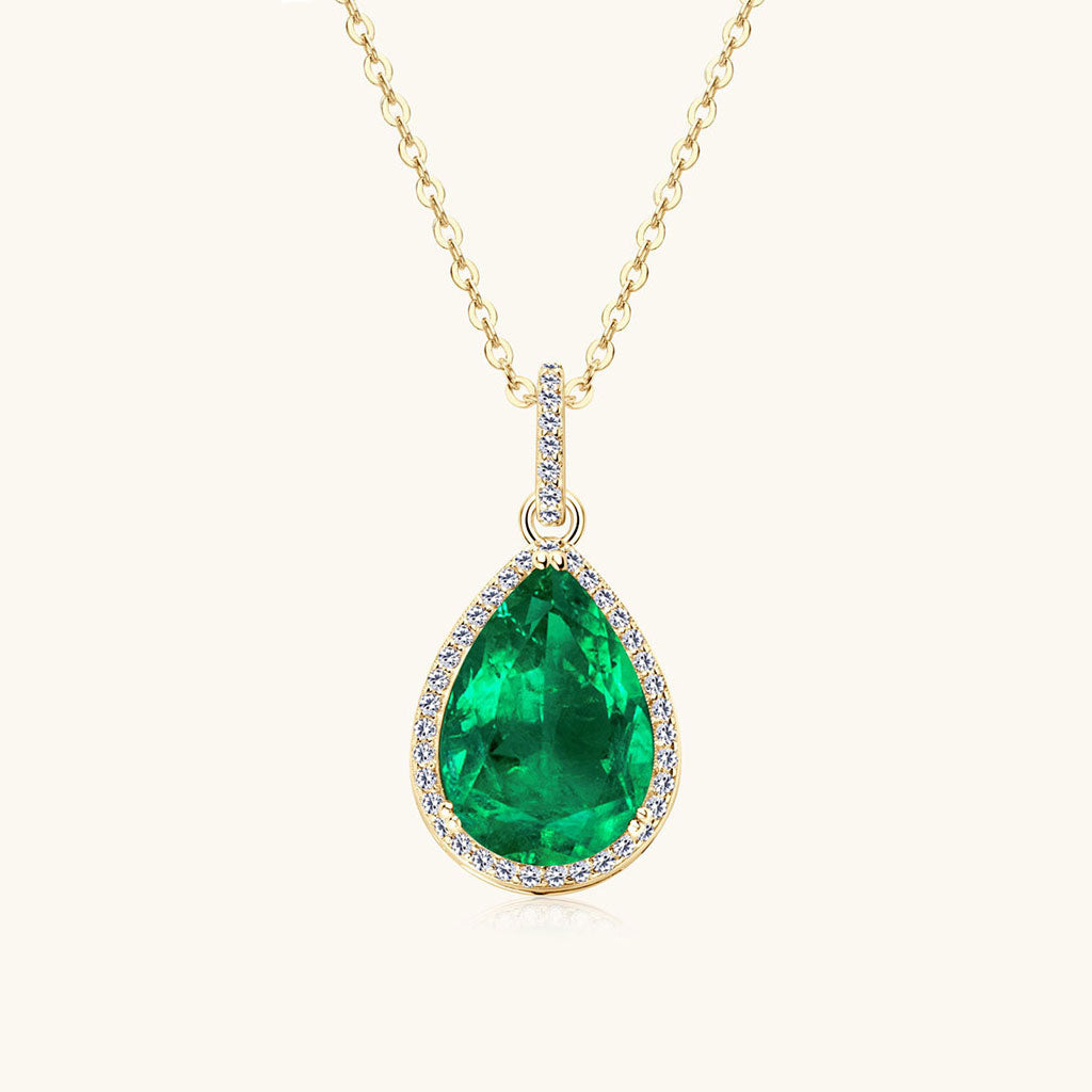 Pear Emerald Diamond Halo Necklace - Gold