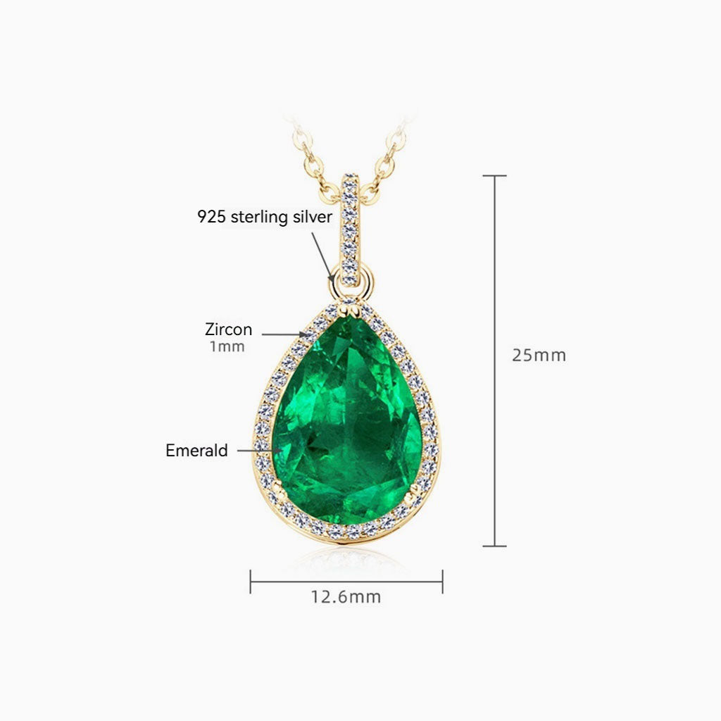 Pear Emerald Diamond Halo Necklace - Gold