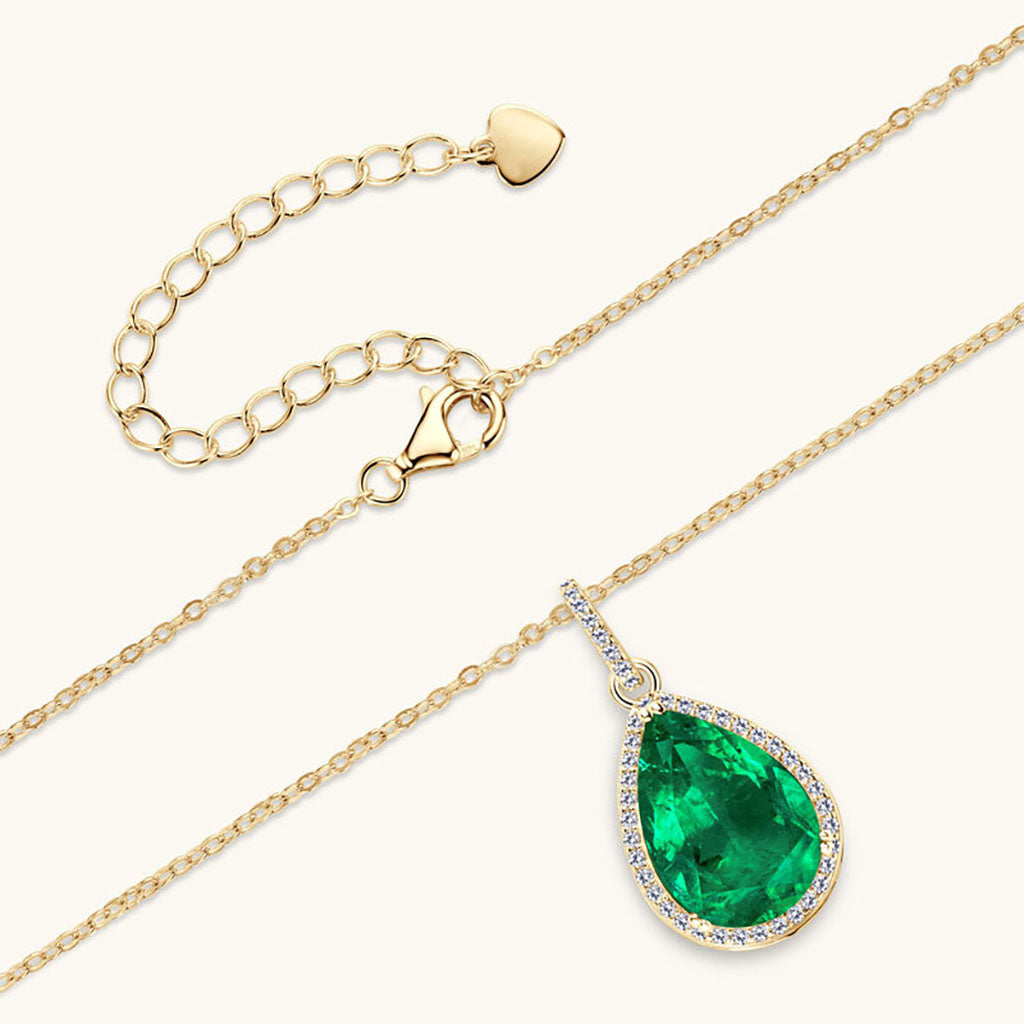 Pear Emerald Diamond Halo Necklace - Gold