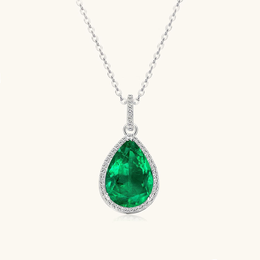 Pear Emerald Diamond Halo Necklace - Silver