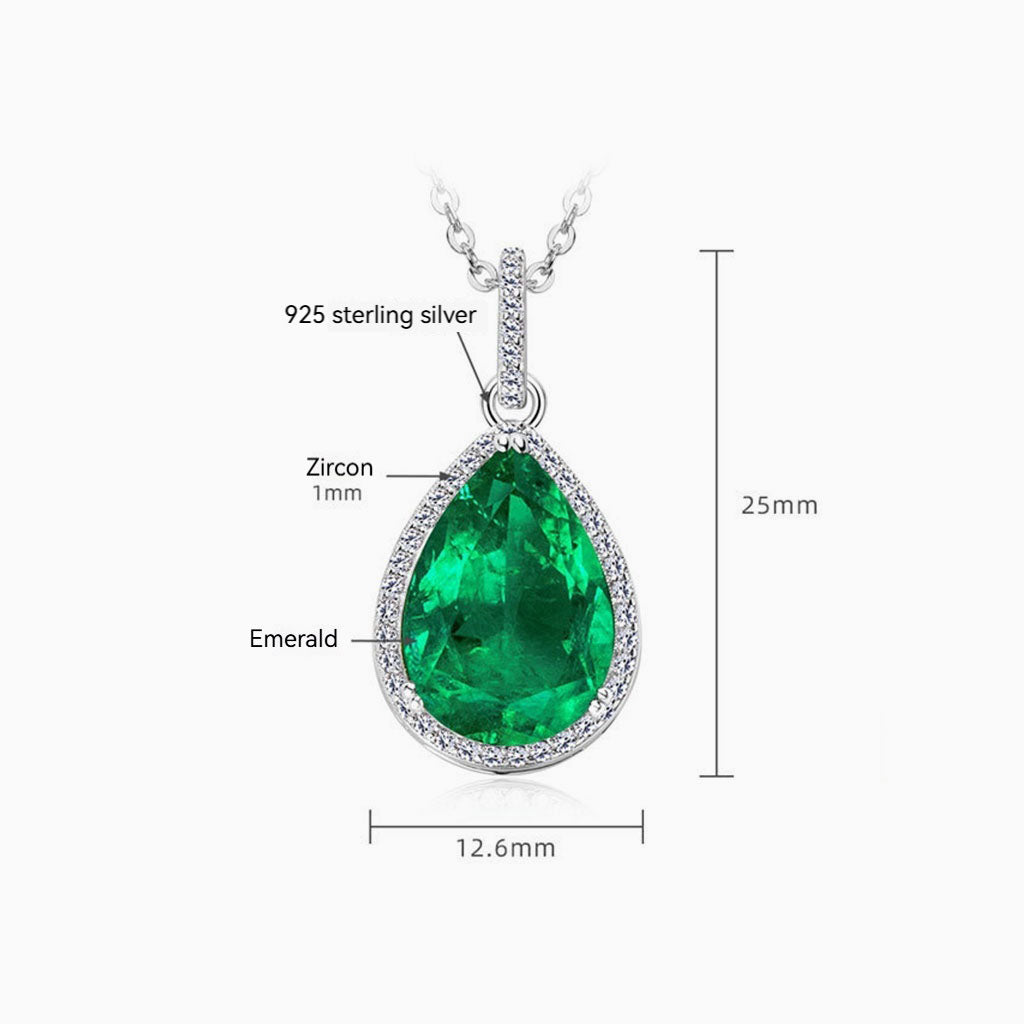 Pear Emerald Diamond Halo Necklace - Silver