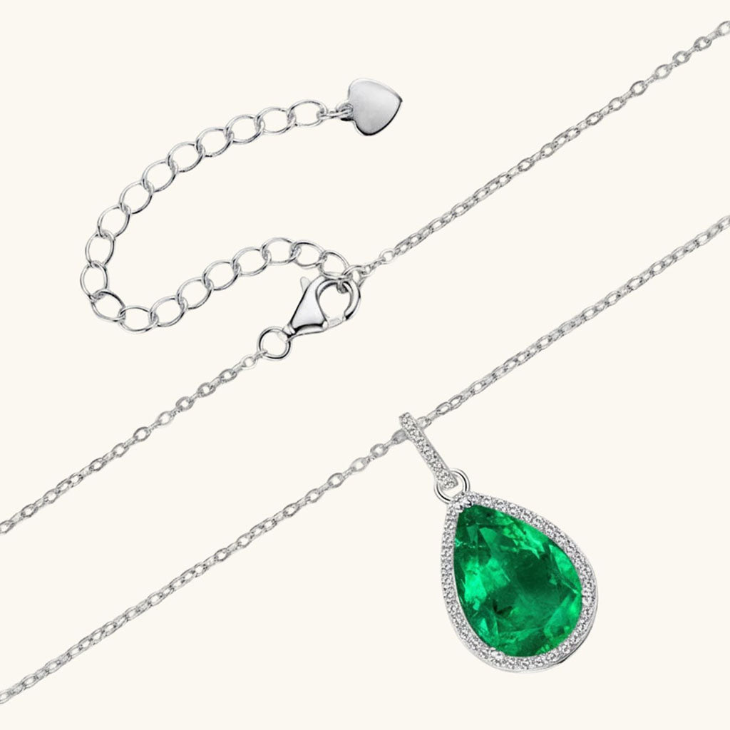 Pear Emerald Diamond Halo Necklace - Silver