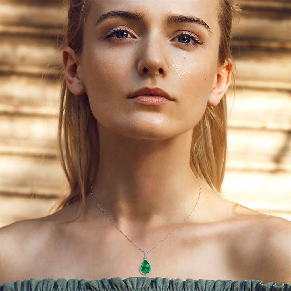 Pear Emerald Simulated Diamond Halo Necklace - Silver