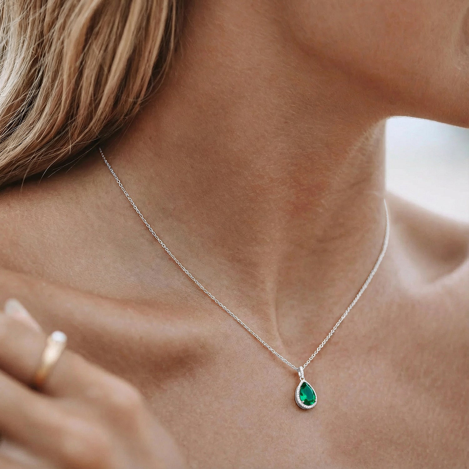 Pear Emerald Diamond Halo Necklace - Silver