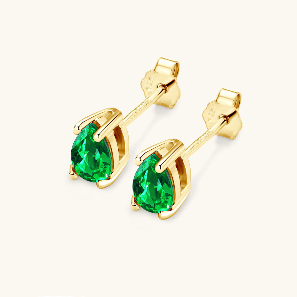 Pear Emerald Solitaire Stud Earrings - Gold