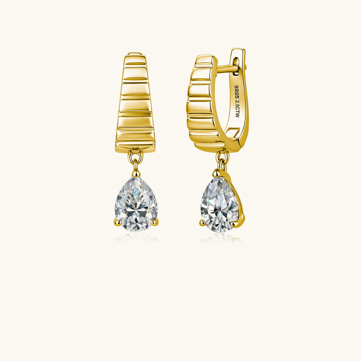 Pear Moissanite Drop Ribbed Huggie Earrings - Gold