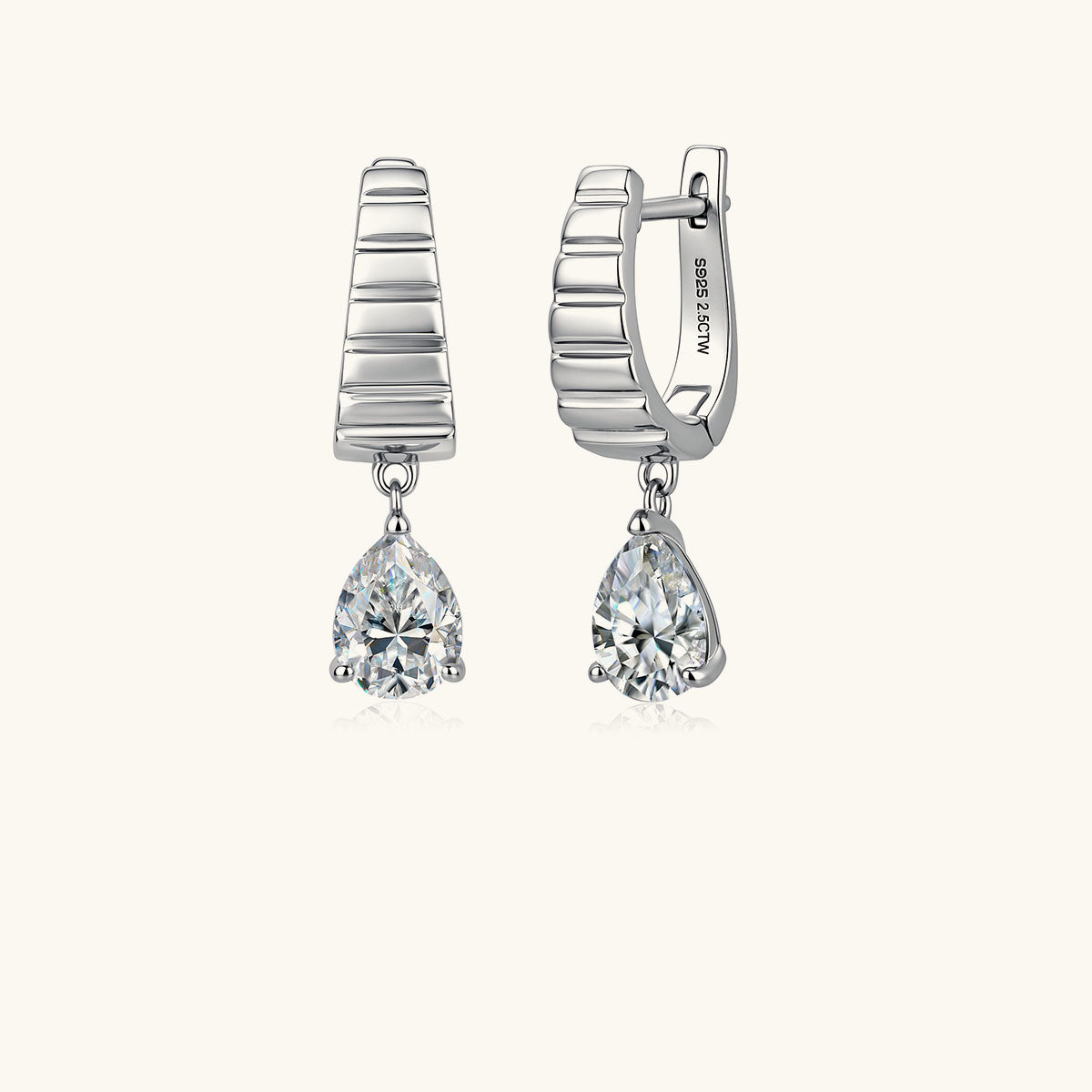 Pear Moissanite Drop Ribbed Huggie Earrings - Silver