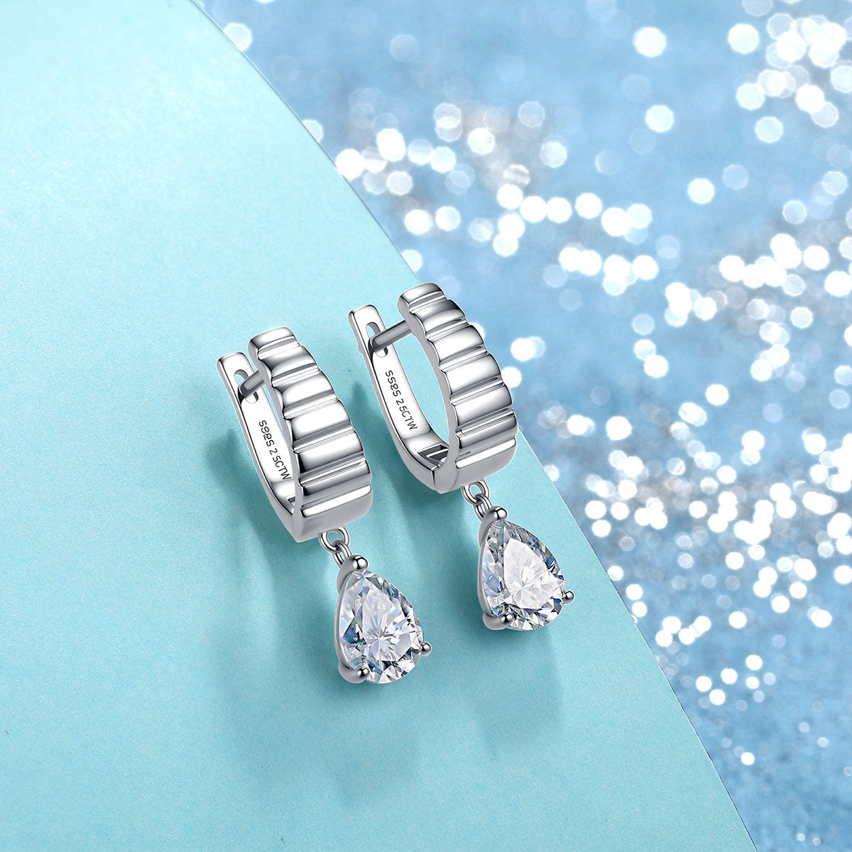 Pear Moissanite Drop Ribbed Huggie Earrings - Silver