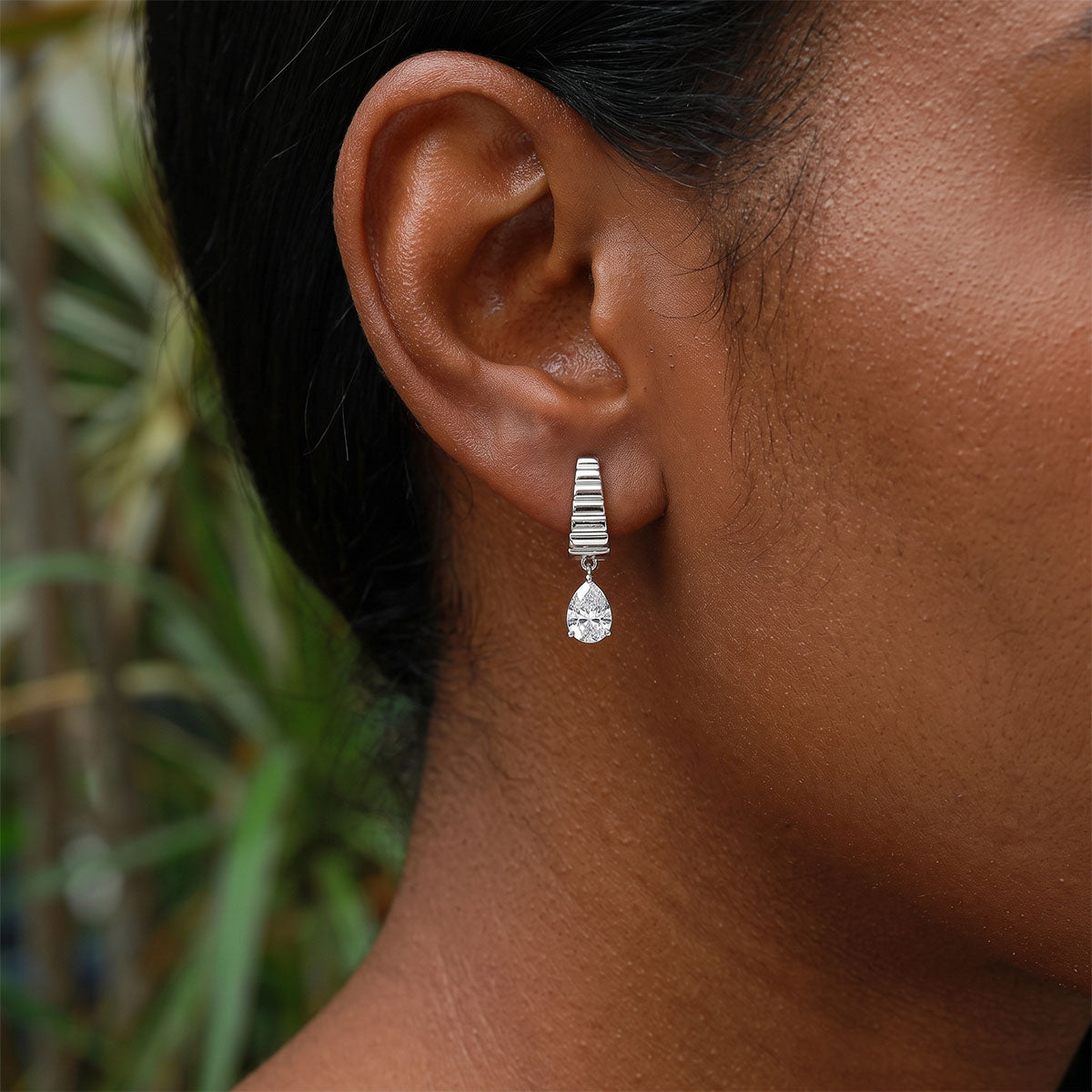 Pear Moissanite Drop Ribbed Huggie Earrings - Silver