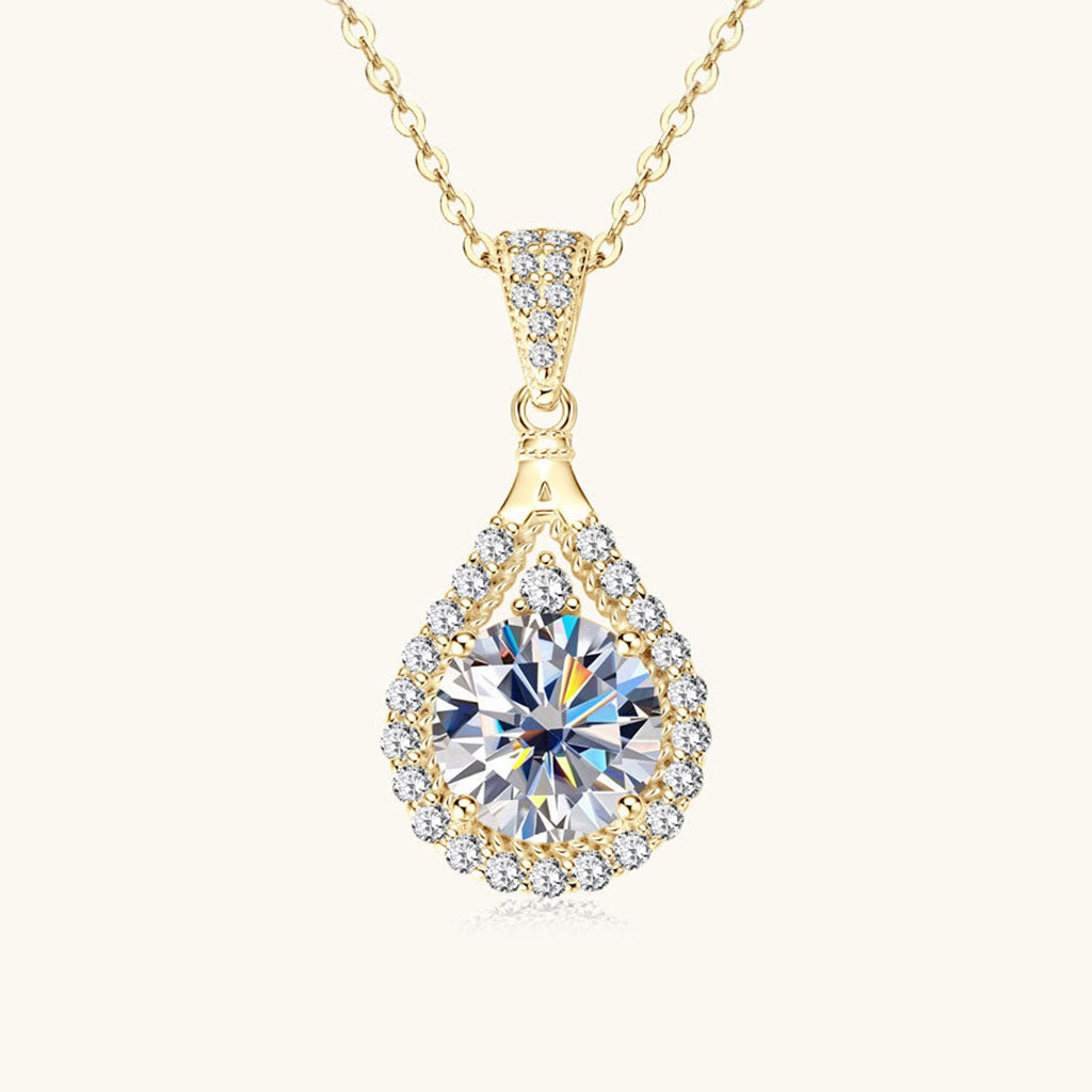 Pear Moissanite Halo Pendant Necklace - Gold
