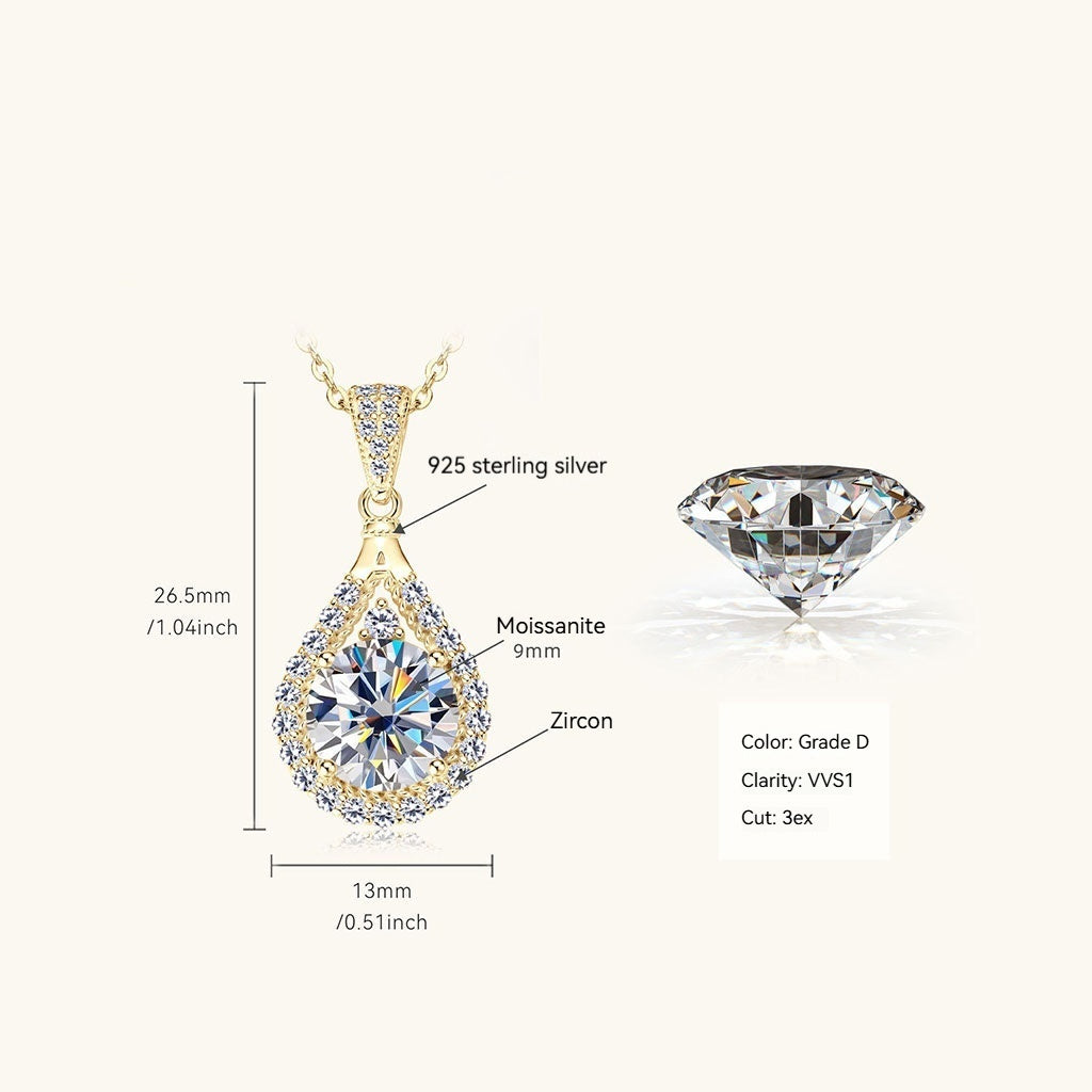 Pear Moissanite Halo Pendant Necklace - Gold