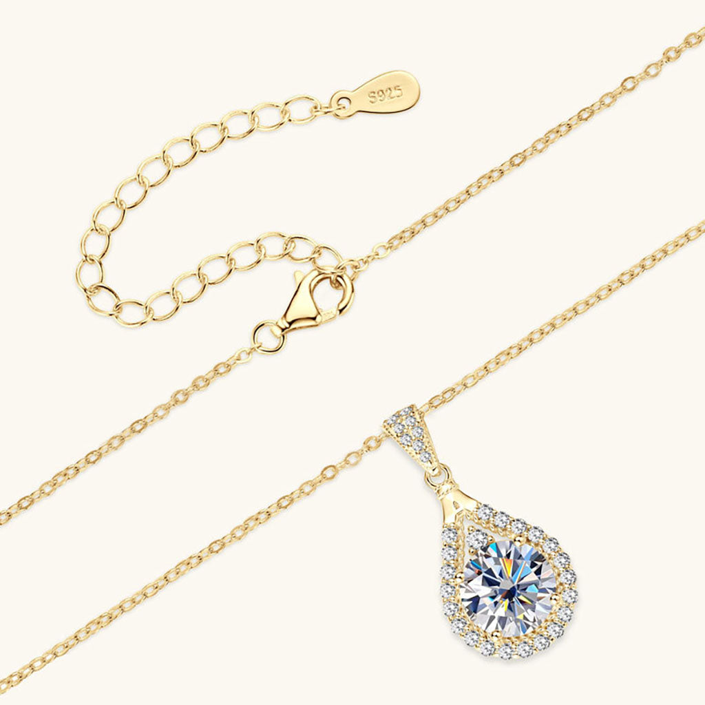 Pear Moissanite Halo Pendant Necklace - Gold