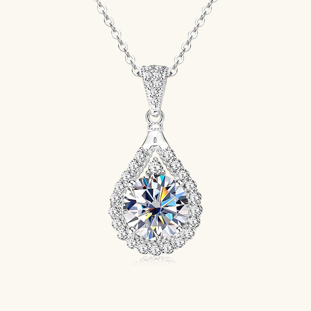 Pear Moissanite Halo Pendant Necklace - Silver