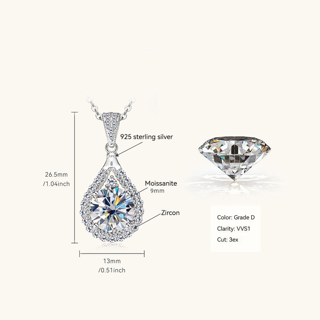 Pear Moissanite Halo Pendant Necklace - Silver