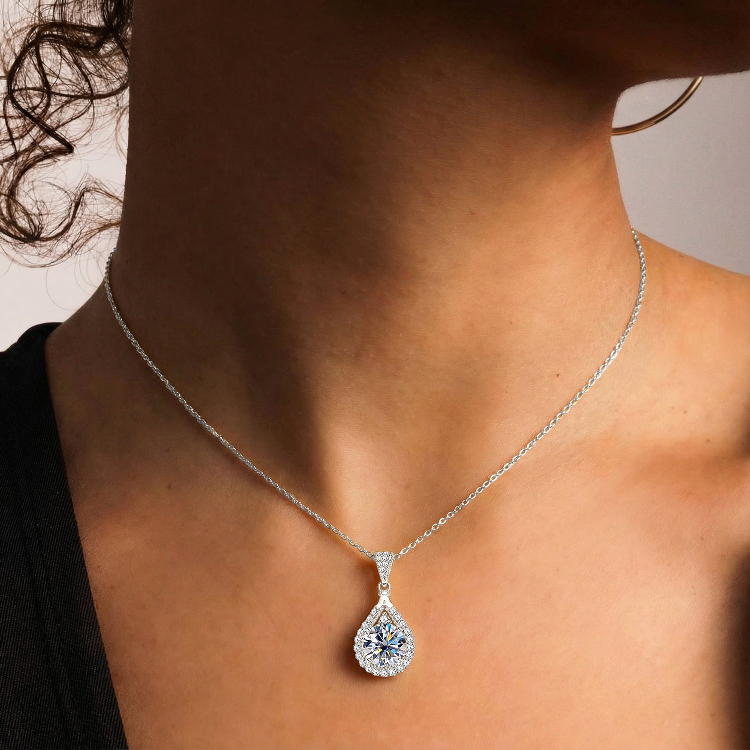 Pear Moissanite Halo Pendant Necklace - Silver