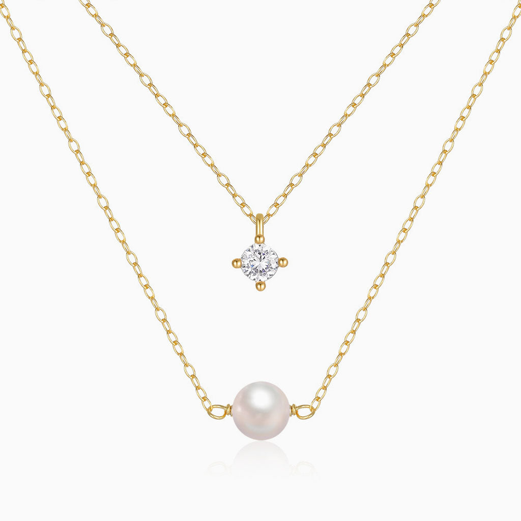 Pearl and Diamond Layered Necklace - Gold