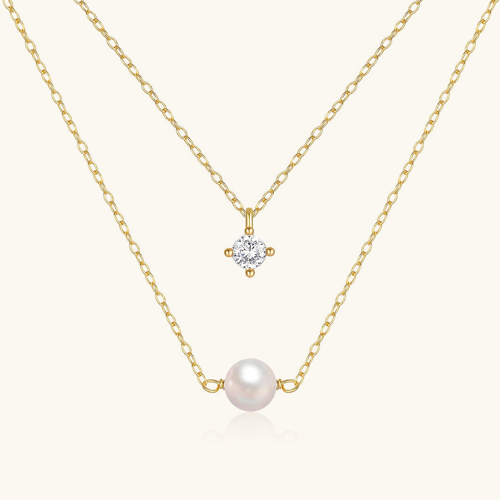 Pearl and Diamond Layered Necklace - Gold