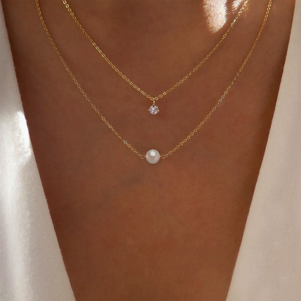 Pearl and Diamond Layered Necklace - Gold