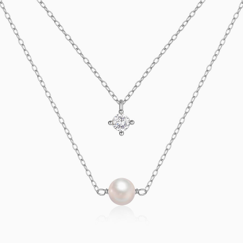 Pearl and Diamond Layered Necklace - Silver