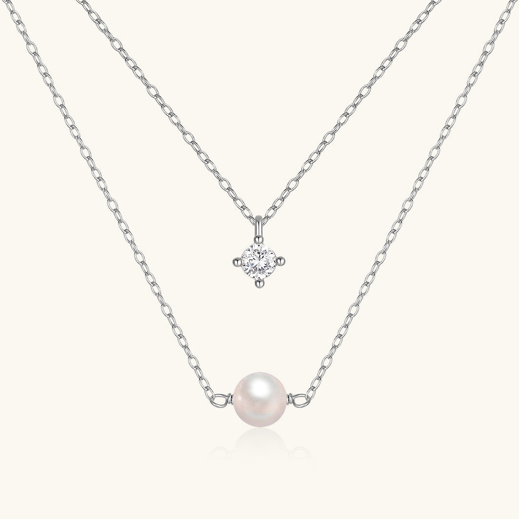 Pearl and Diamond Layered Necklace - Silver