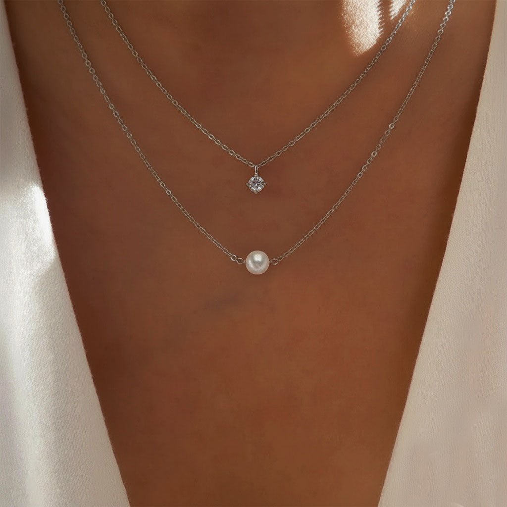 Pearl and Diamond Layered Necklace - Silver