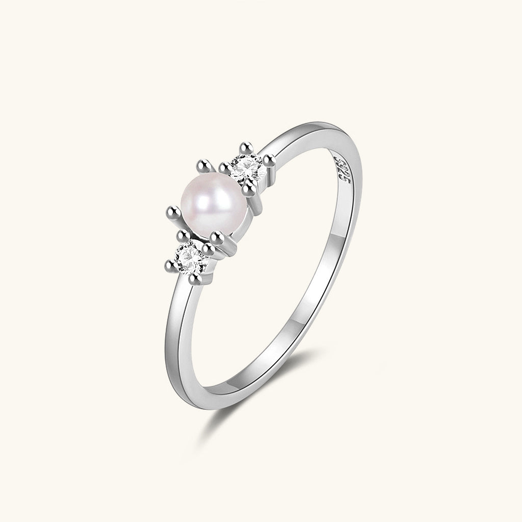 Pearl and Diamond Three Stone Ring - Silver