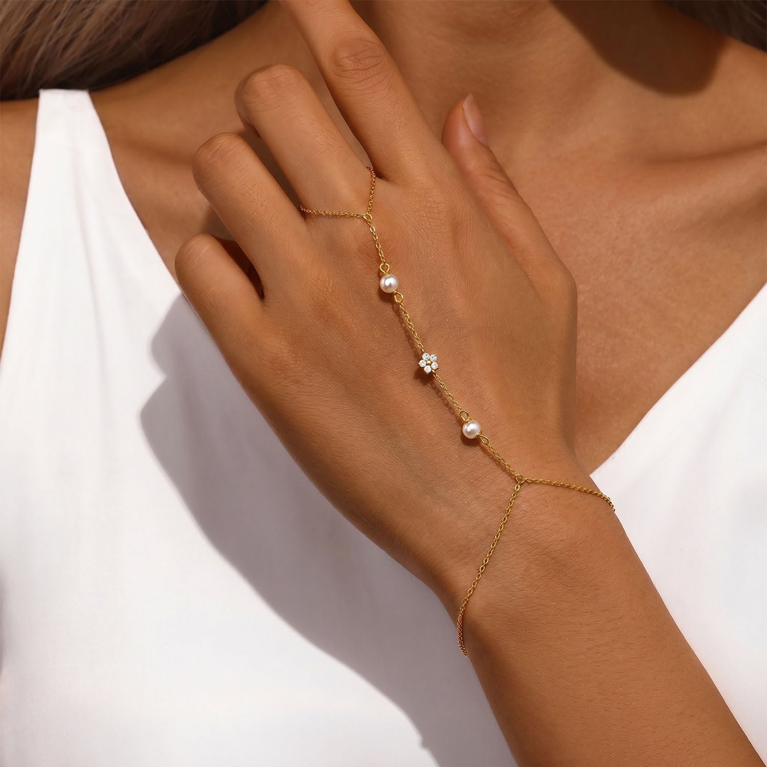 Pearl Flower Hand Chain Bracelet - Gold