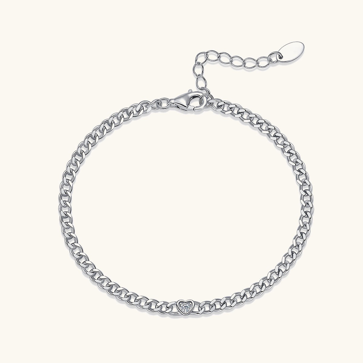 Petite Heart Moissanite Curb Chain Bracelet - Silver
