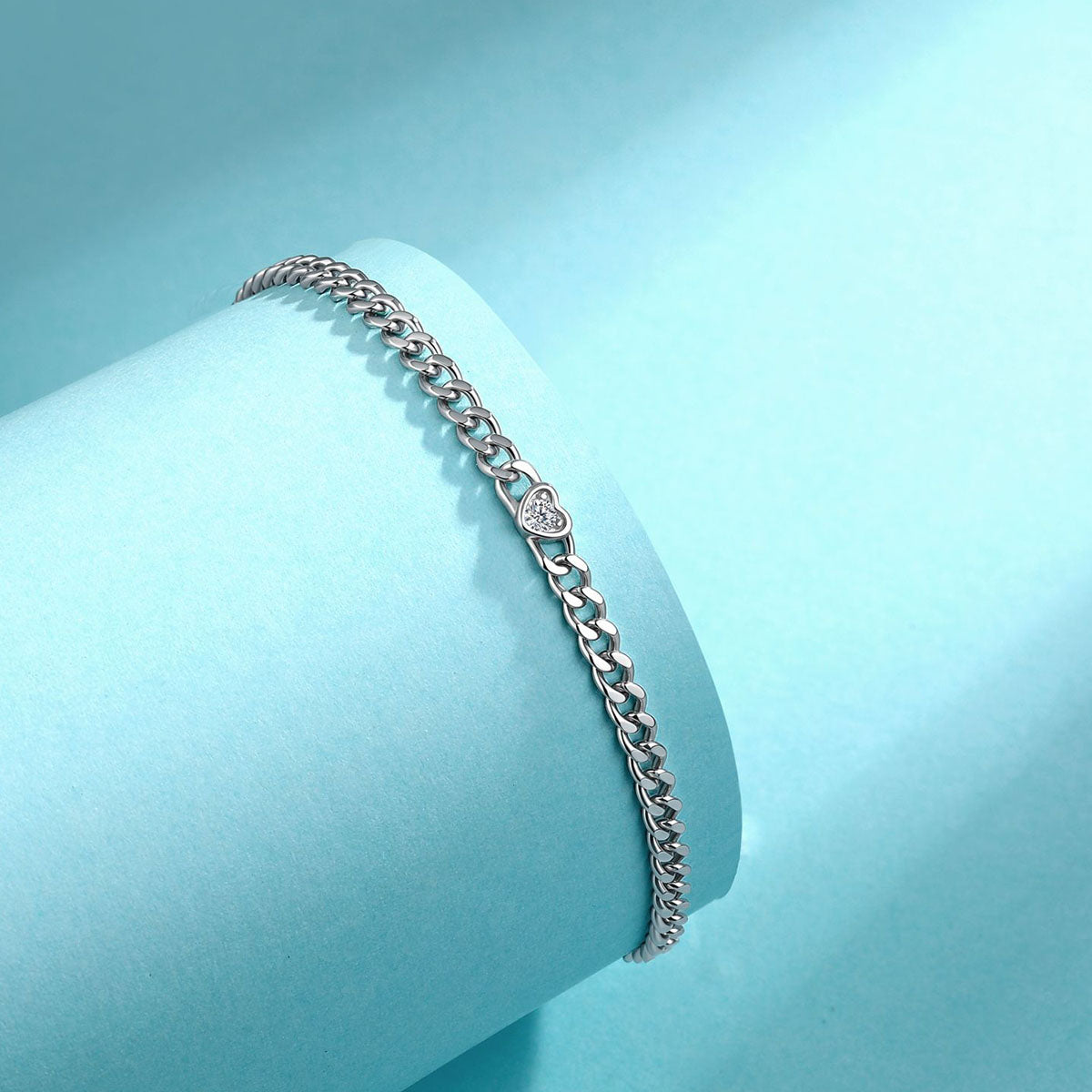 Petite Heart Moissanite Curb Chain Bracelet - Silver