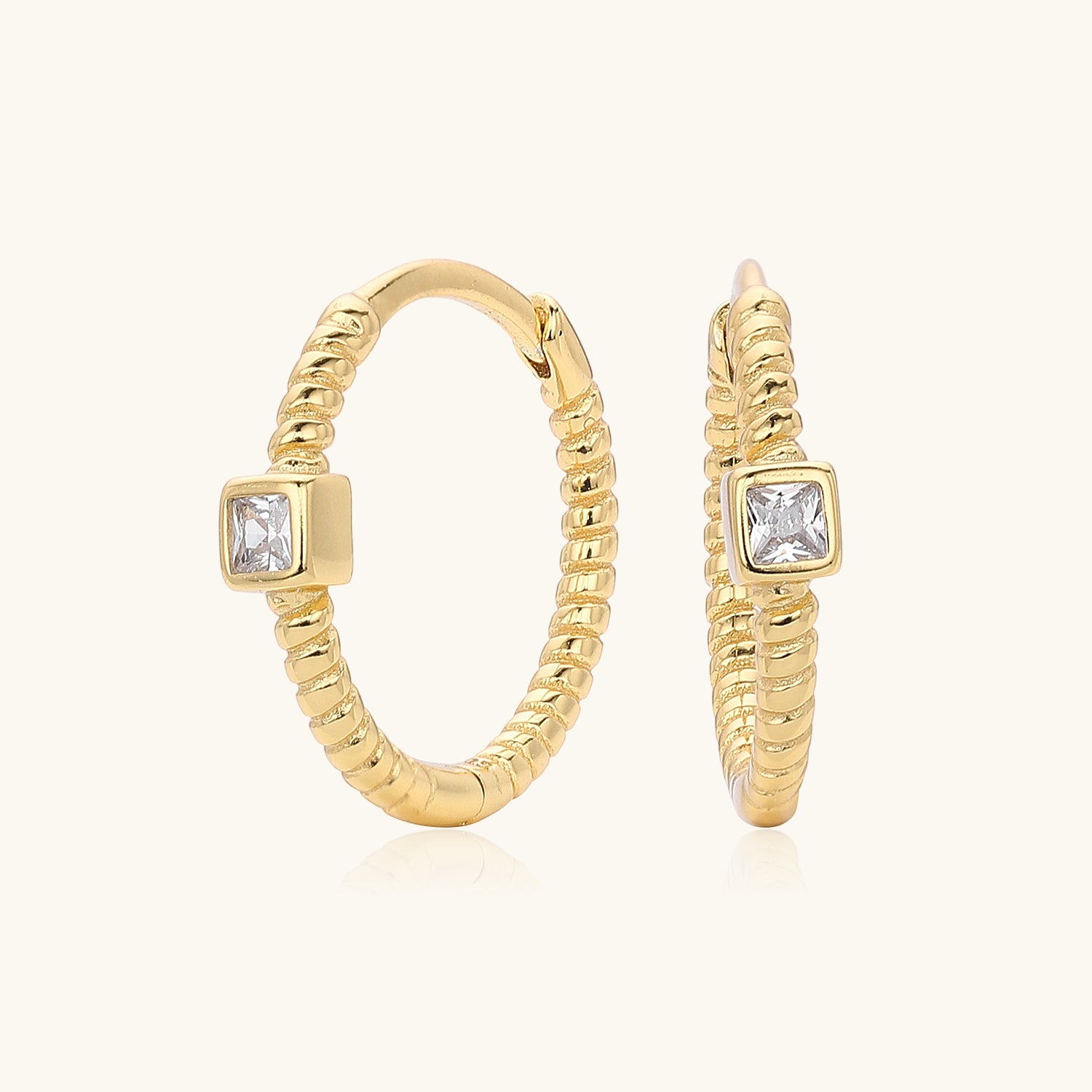 Princess Solitaire Twisted Hoop Earrings - Gold