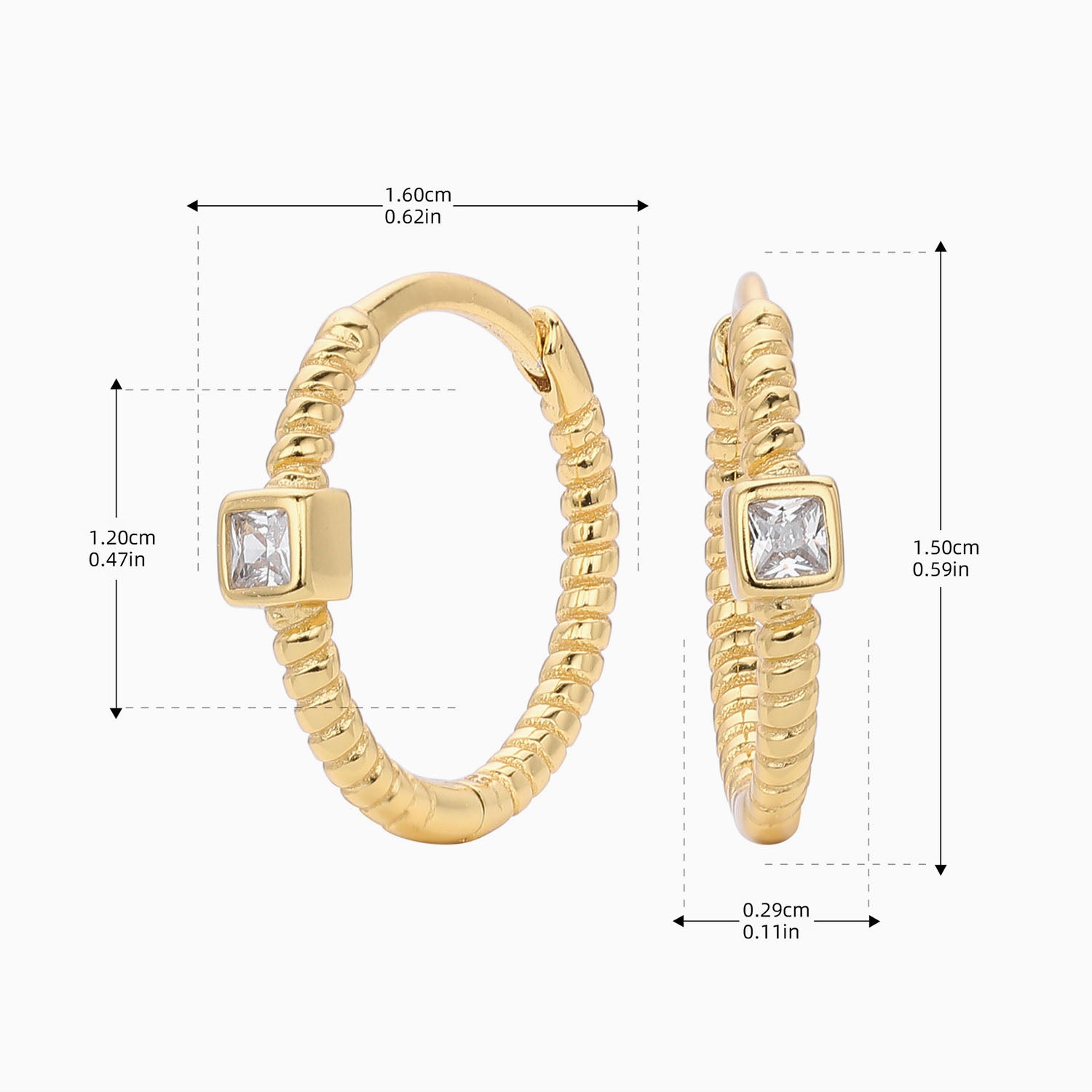 Princess Solitaire Twisted Hoop Earrings - Gold