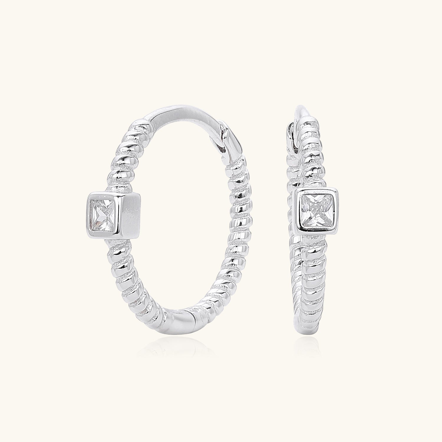 Princess Solitaire Twisted Hoop Earrings - Silver