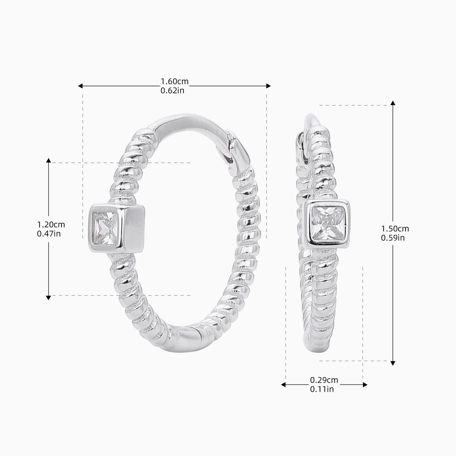 Princess Solitaire Twisted Hoop Earrings - Silver