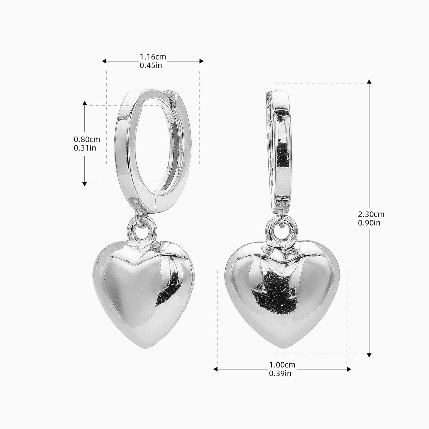 Puffy Heart Drop Huggie Hoop Earrings - Silver