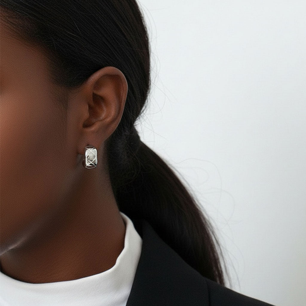 Quilted Cross Chunky C Hoop Earrings - Silver