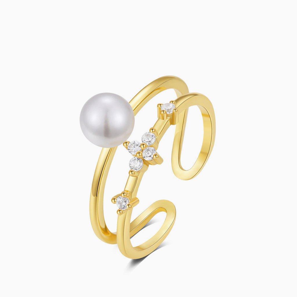 Radiant Diamond Pearl Double Band Open Ring -  Gold