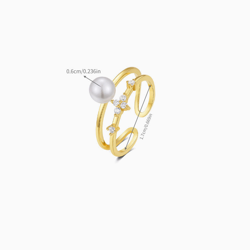 Radiant Diamond Pearl Double Band Open Ring -  Gold