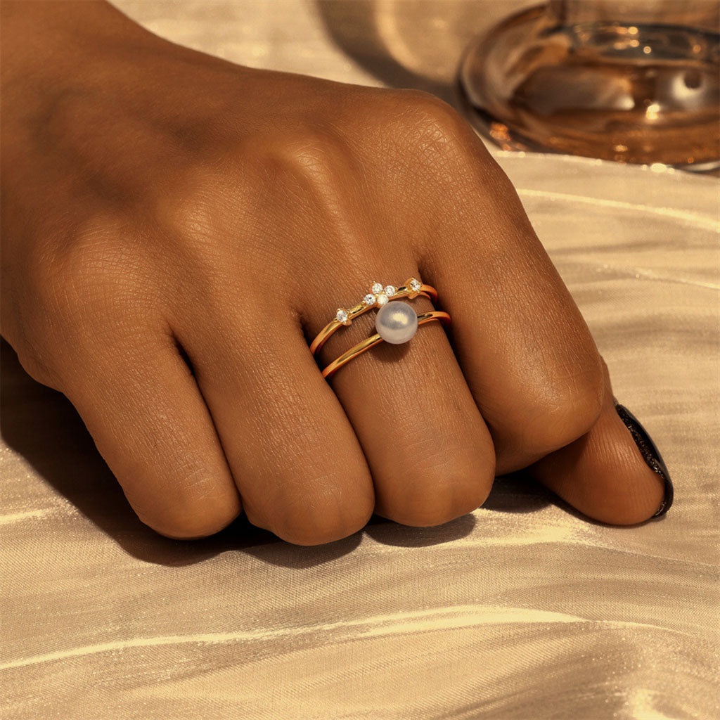 Radiant Diamond Pearl Double Band Open Ring -  Gold