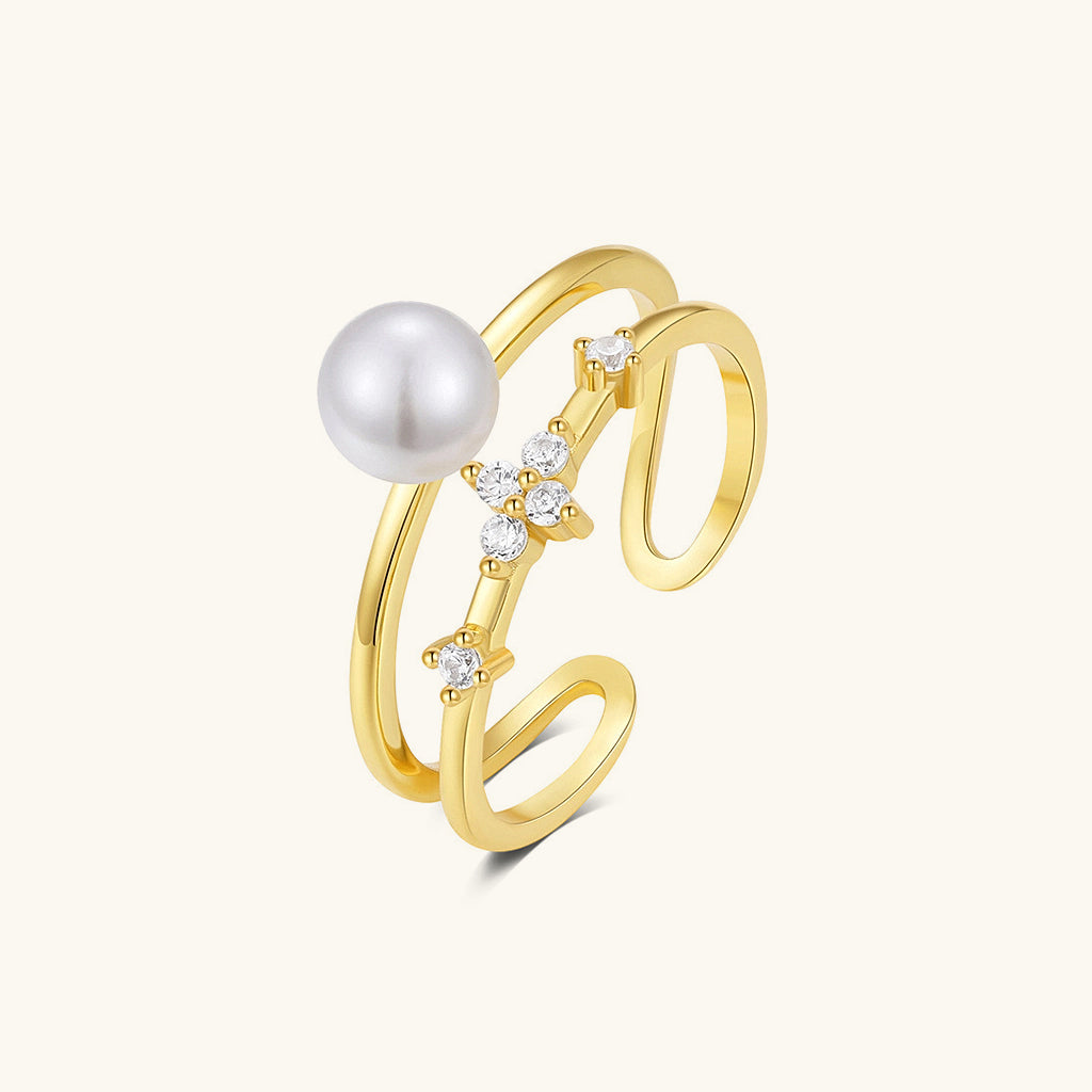 Radiant Diamond Pearl Double Band Open Ring -  Gold