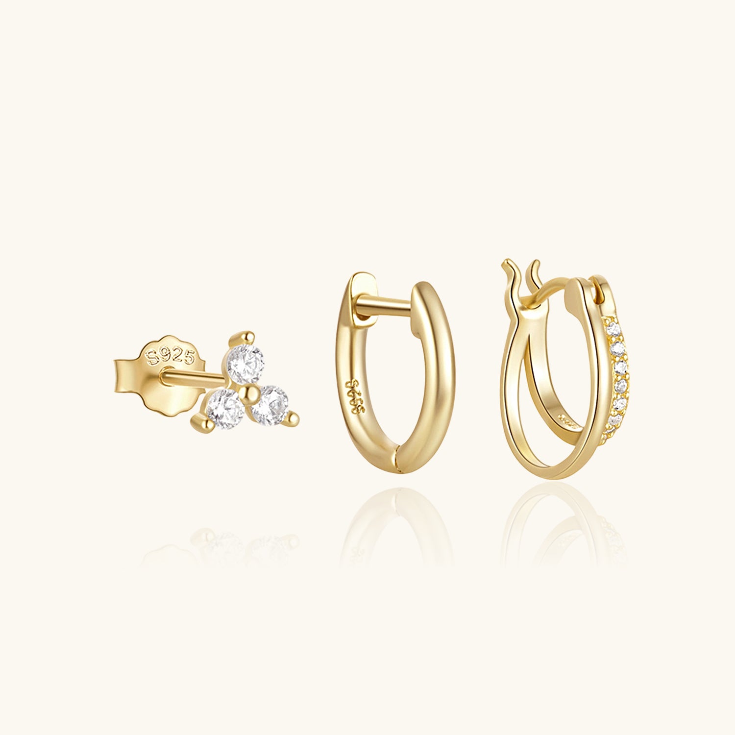 Refined 3 Piece Diamond Huggie Hoop Earring Bundles - Gold