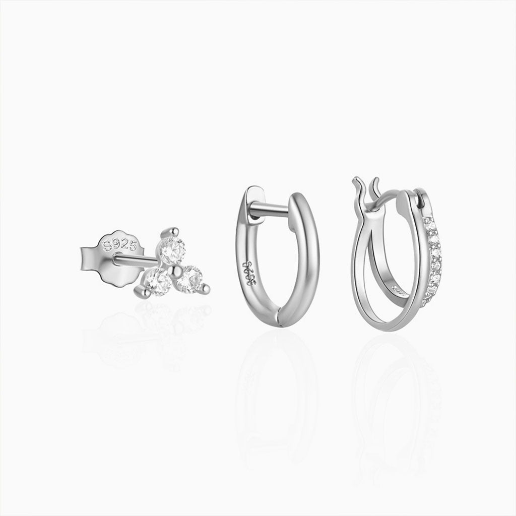 Refined 3 Piece Diamond Huggie Hoop Earring Bundles - Silver