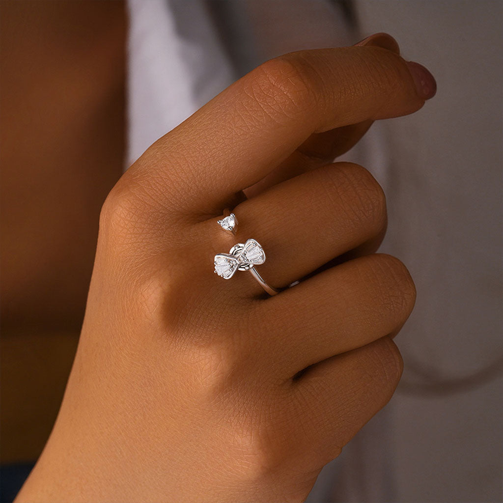Rotatable Open Diamond Bow Ring - Silver