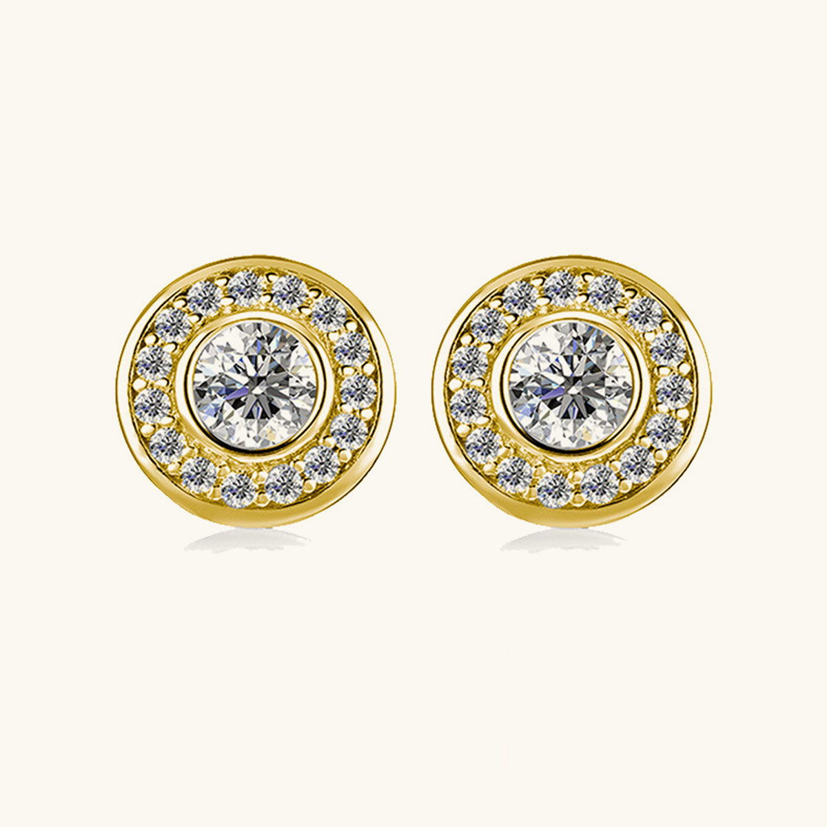 Round Bezel Moissanite Halo Stud Earrings - Gold