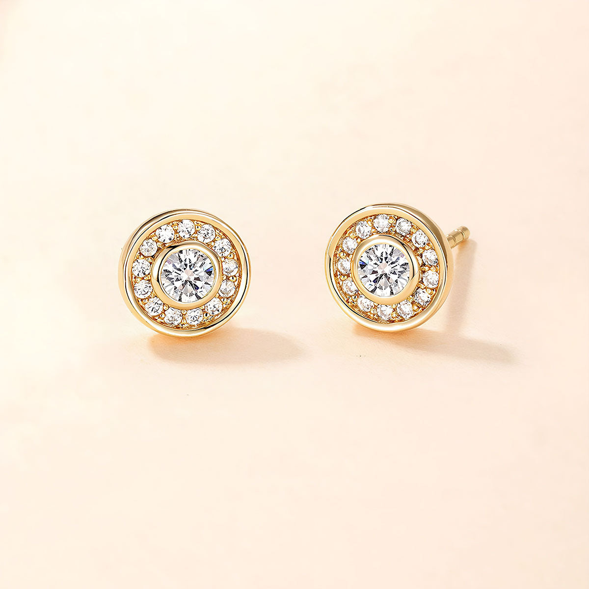 Round Bezel Moissanite Halo Stud Earrings - Gold