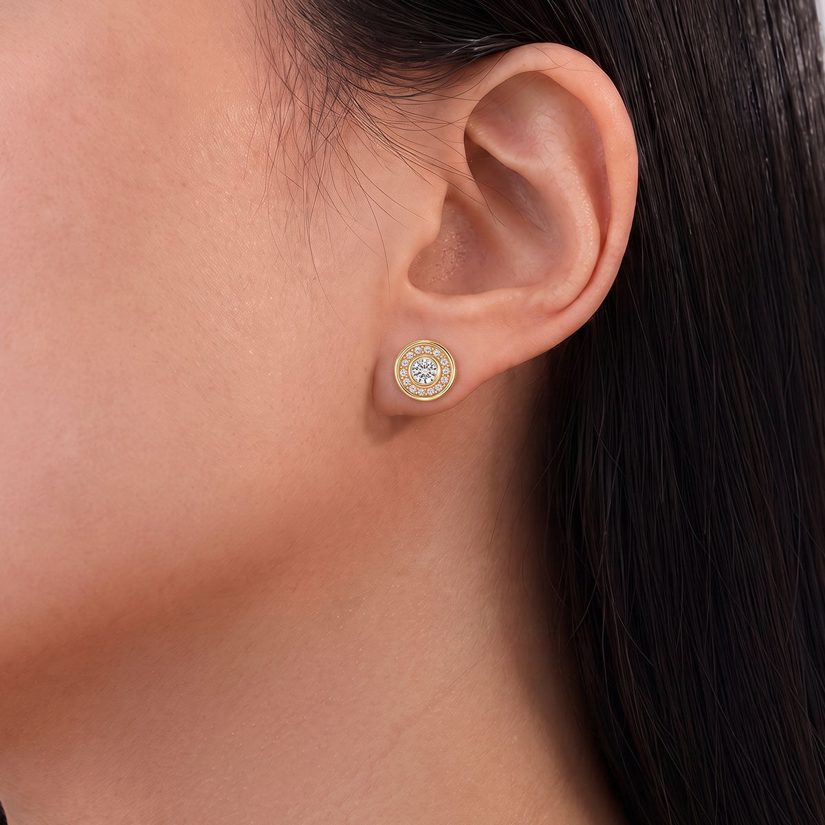 Round Bezel Moissanite Halo Stud Earrings - Gold