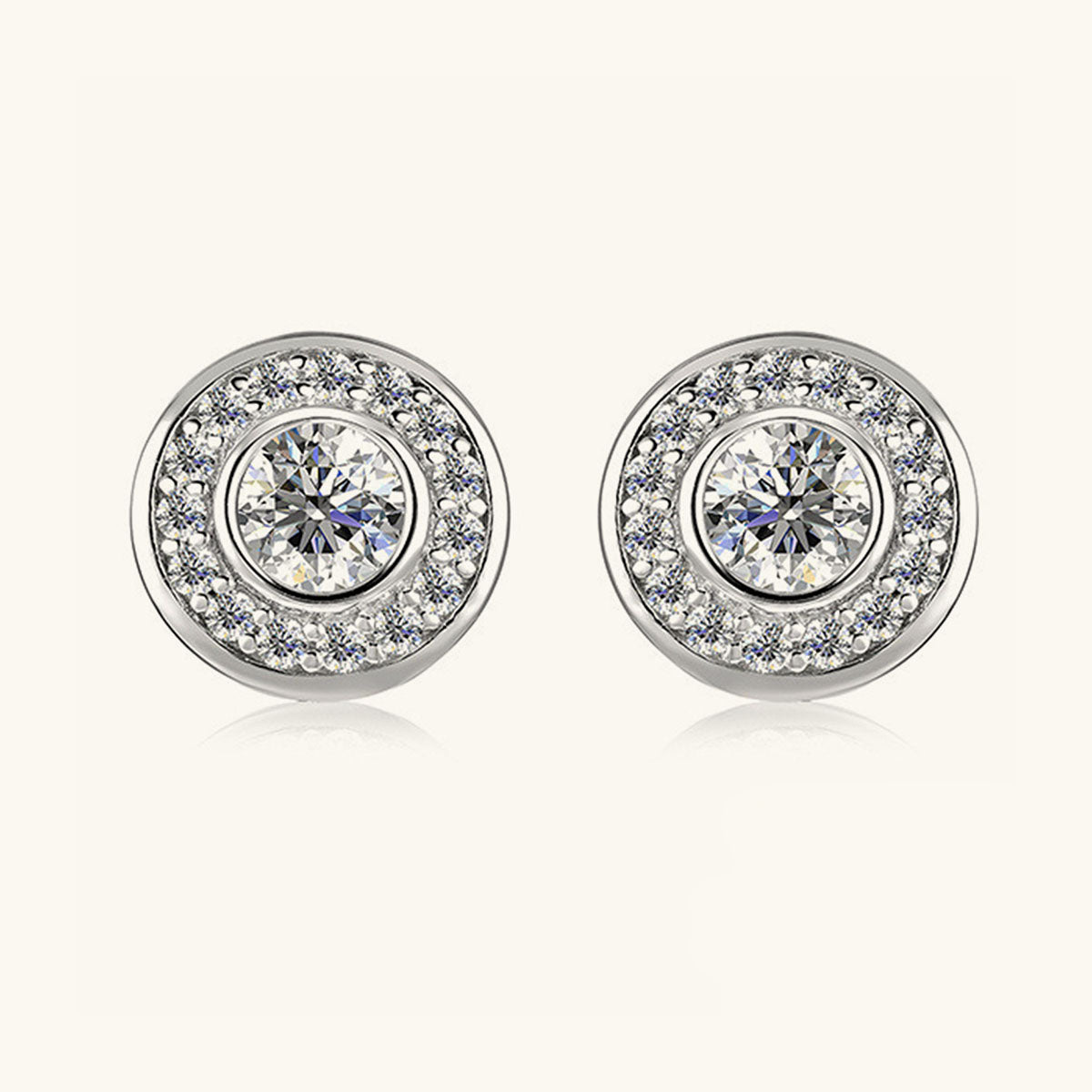 Round Bezel Moissanite Halo Stud Earrings - Silver