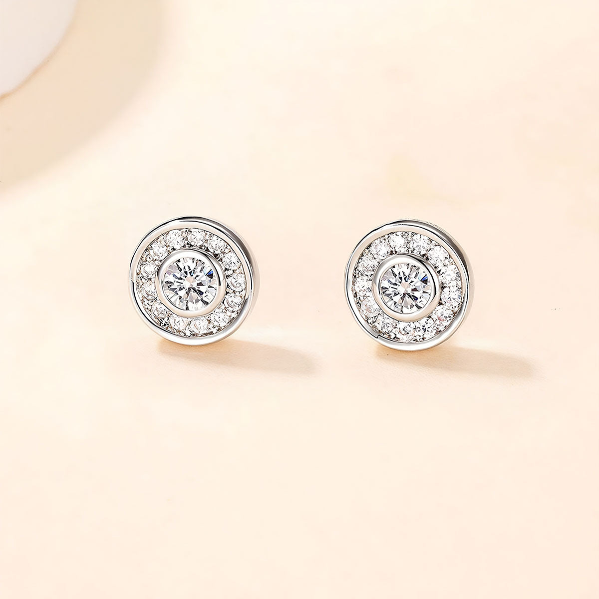 Round Bezel Moissanite Halo Stud Earrings - Silver