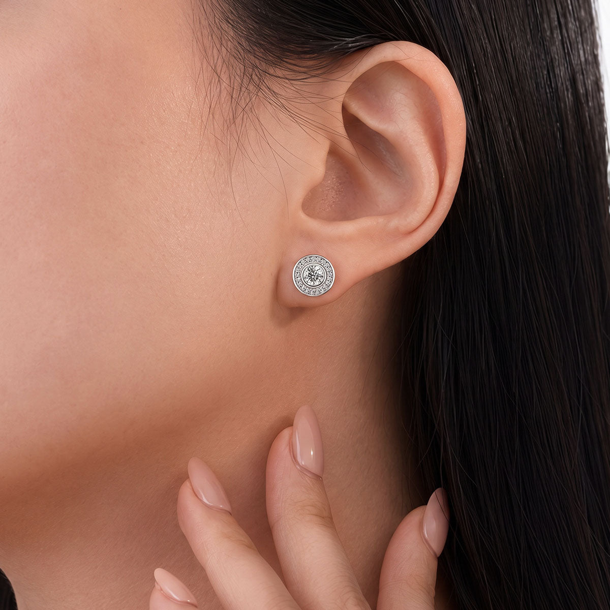 Round Bezel Moissanite Halo Stud Earrings - Silver