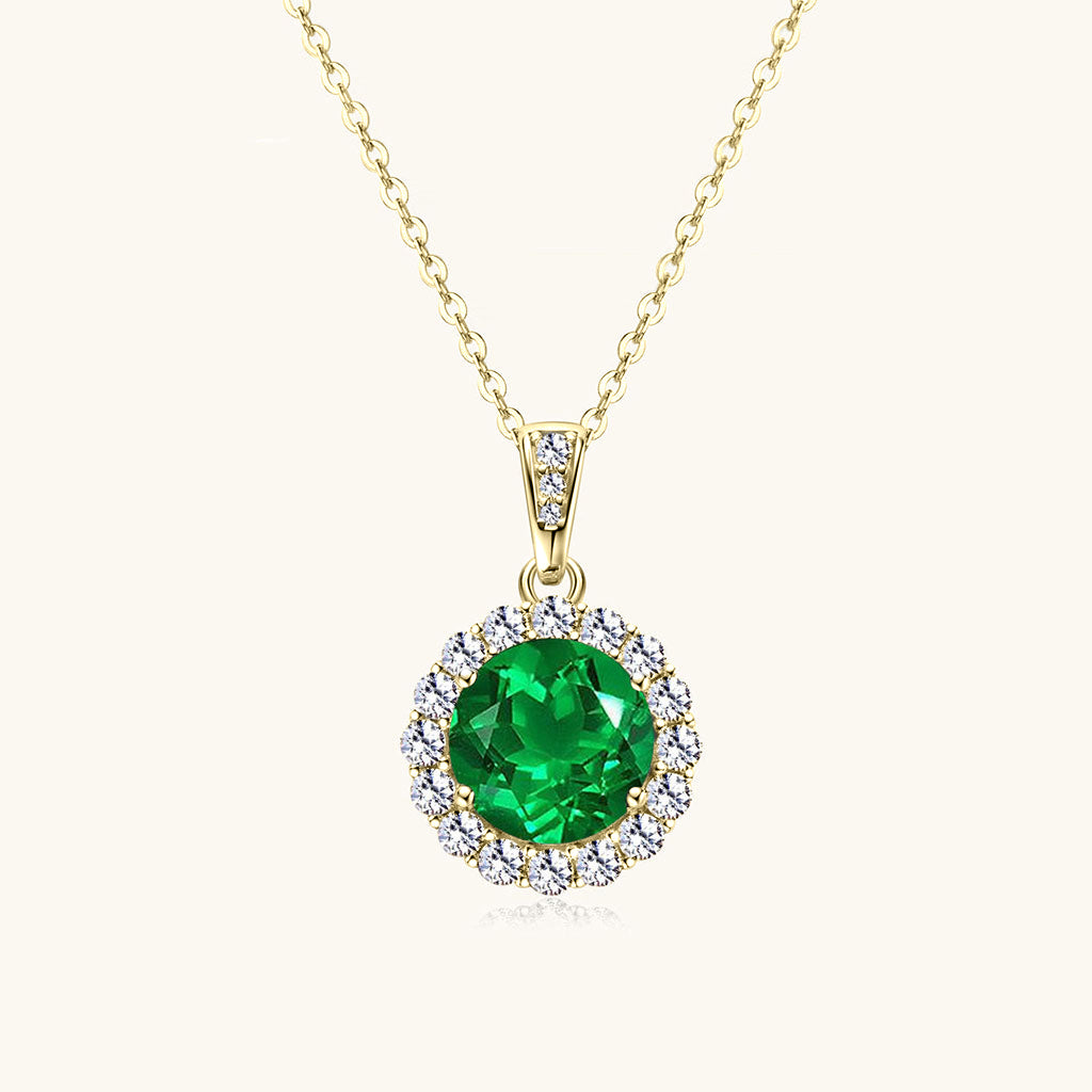 Round Emerald Diamond Halo Necklace - Gold